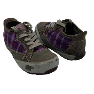 Sorel Mackenzie Purple Plaid Leather Hiking Shoes Size 3 Kids